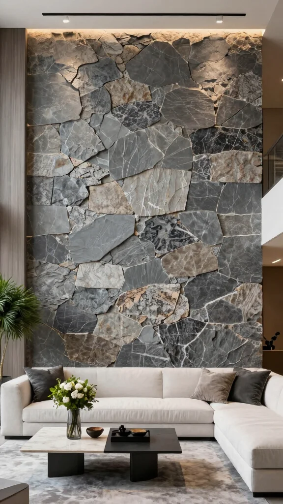 12 Living Room Panelling Ideas for a Textured Architectural Wall Detail - 6. Stone Accent Walls for Timeless Elegance 1